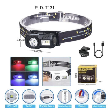 Ліхтар налобний T131-XPE+3SMD(red+green+blue+UV), Motion Sensor, Li-Ion акумулятор, магніт, кліпса, ЗУ Type-C, Box оптом
