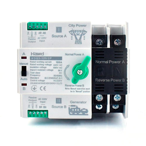 Автомат ввода резерва (АВР) двухполюсный HDQ3-125E/2P, 230V/125A на DIN-рейку для генераторов