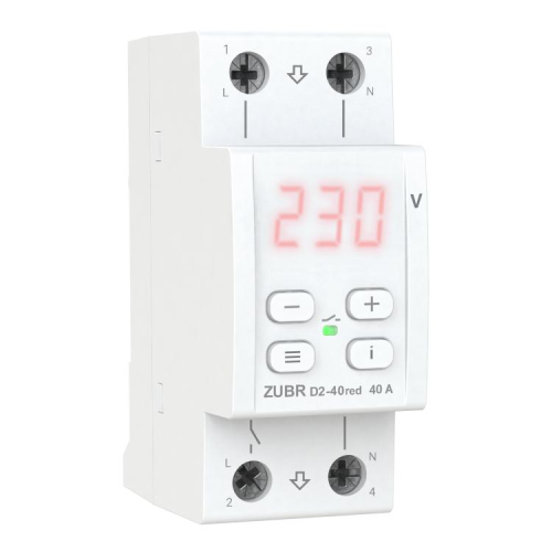 Захисне реле напруги однофазне D2-40 на DIN-рейку, 40А, 8800ВА, 120-280В, двомодульне з індикатором напруги (Червоний)