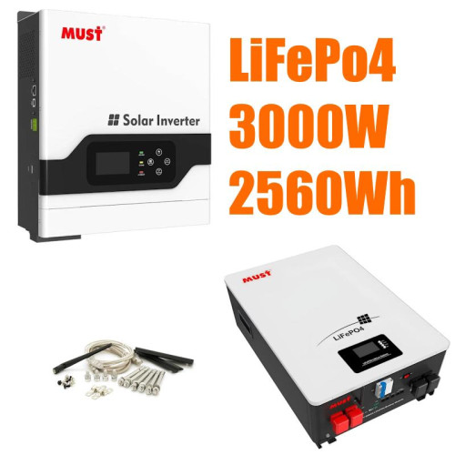 Комплект резервного питания MUST 3.0 кВт + Смарт LiFePO4 аккумулятор 24V 100Ah (2,56 кВт·ч)