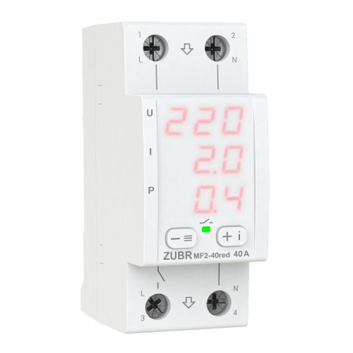Многофункциональное реле однофазное MF2-40 на DIN-рейку, 40А, 8800ВА, 120-280В, двухмодульное с индикатором напряжения, тока, мощности (Красный)