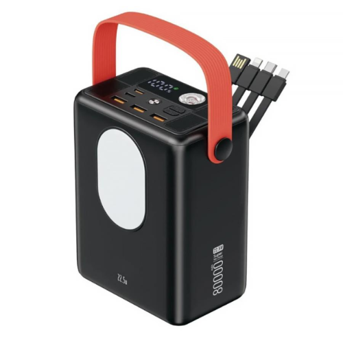 Powerbank ACL PW-143 80000mAh, PD22.5W, 3xUSB+USB-C, 4 кабеля(USB/Micro/Type-C/Lighting), Фонарь, 1,4кг, Black/White, Box