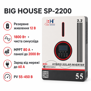 Гібридний інвертор BIG HOUSE SP-2200, 2200VA, 1800W, 12V, струм заряду 60A, MPPT (80А, 55-450 Vdc), 290х367х111