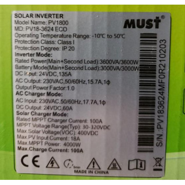 Комплект резервного живлення MUST 3.6 кВт + Смарт LiFePO4 акумулятор 24V 200Ah (5,12 кВт·год)