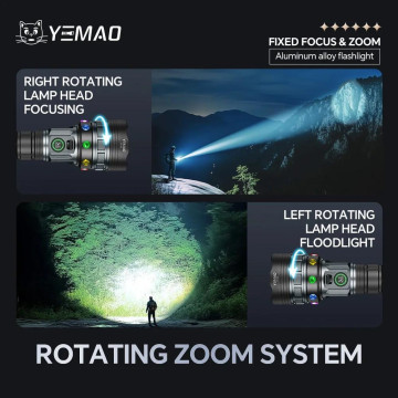Фонарь YEMAO YM-A3T 1+18LED, 1x26650, ЗУ Type-C, zoom, магнит
