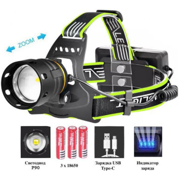 Ліхтар налобний BL-A14-3-P90, power bank, 3x18650, zoom, ЗУ Type-C, Box оптом