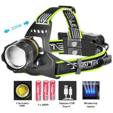 Ліхтар налобний BL-A13-3-P360, 3x18650, zoom, ЗУ Type-C, Box оптом